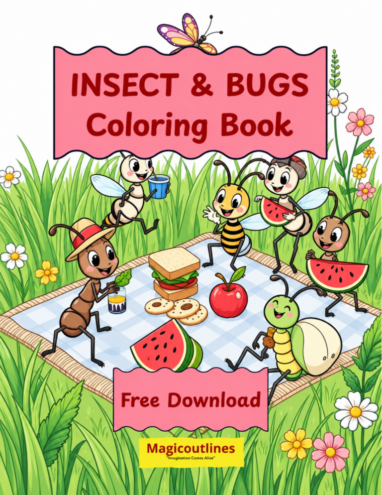 Insects & Bugs Coloring Book for kids featuring ants, bees, butterflies, beetles, worms, a grasshopper, spider, and dragonfly