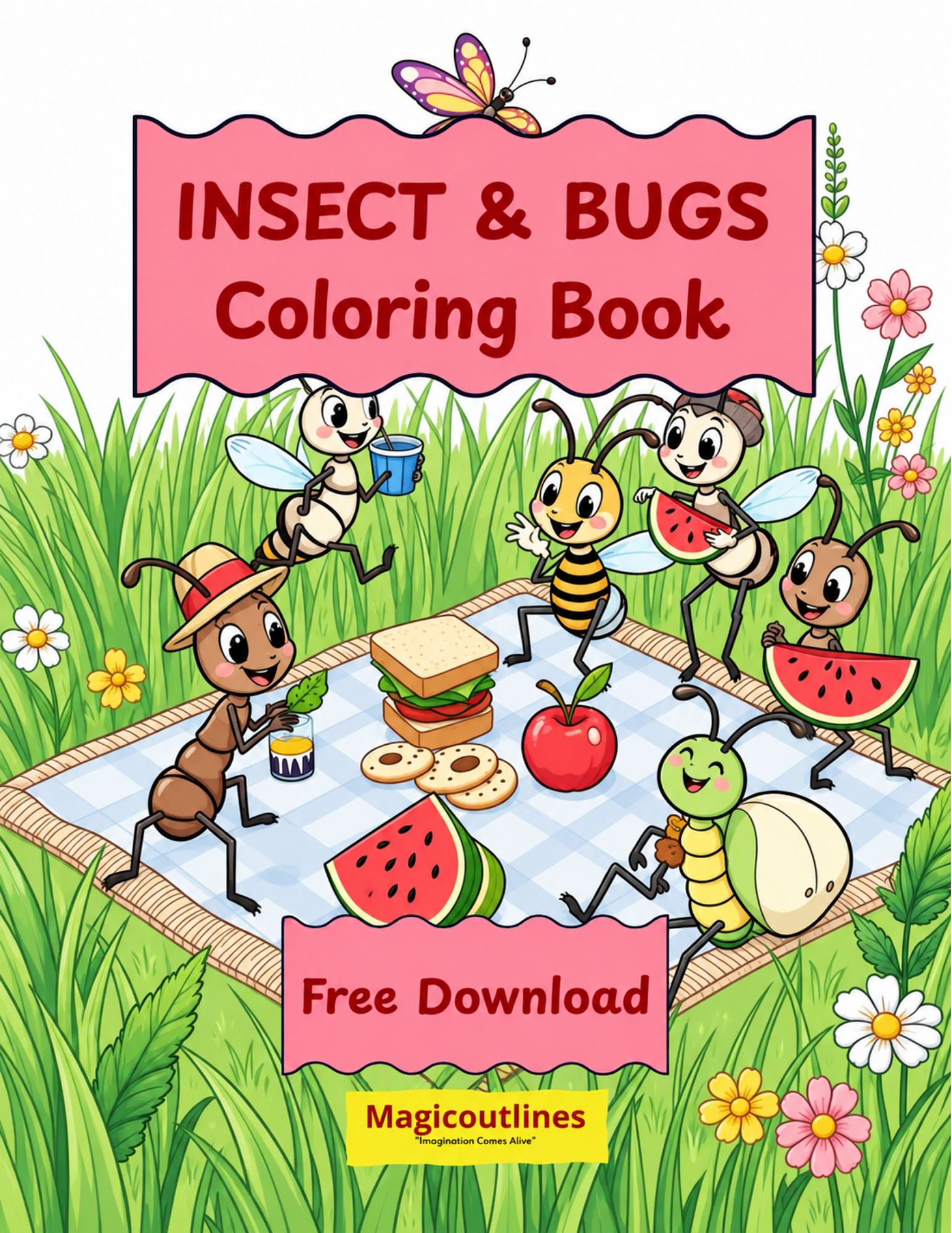 Insects & Bugs Coloring Book for kids featuring ants, bees, butterflies, beetles, worms, a grasshopper, spider, and dragonfly