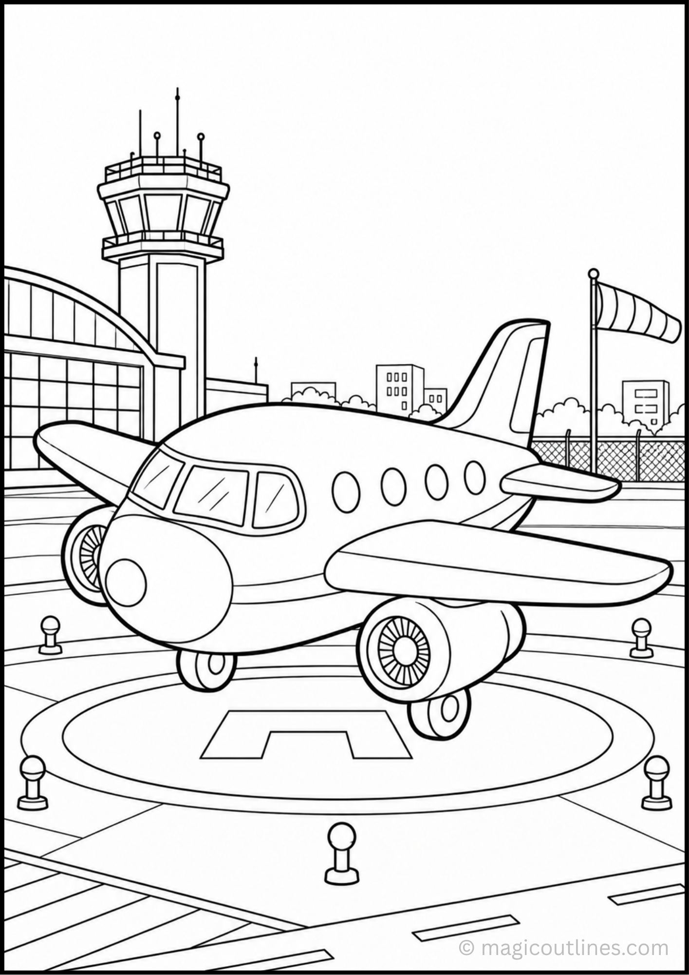 Airplane on Helipad Coloring Page (Free Printable PDF) featuring a passenger plane, airport control tower, hangar, windsock, and runway details.