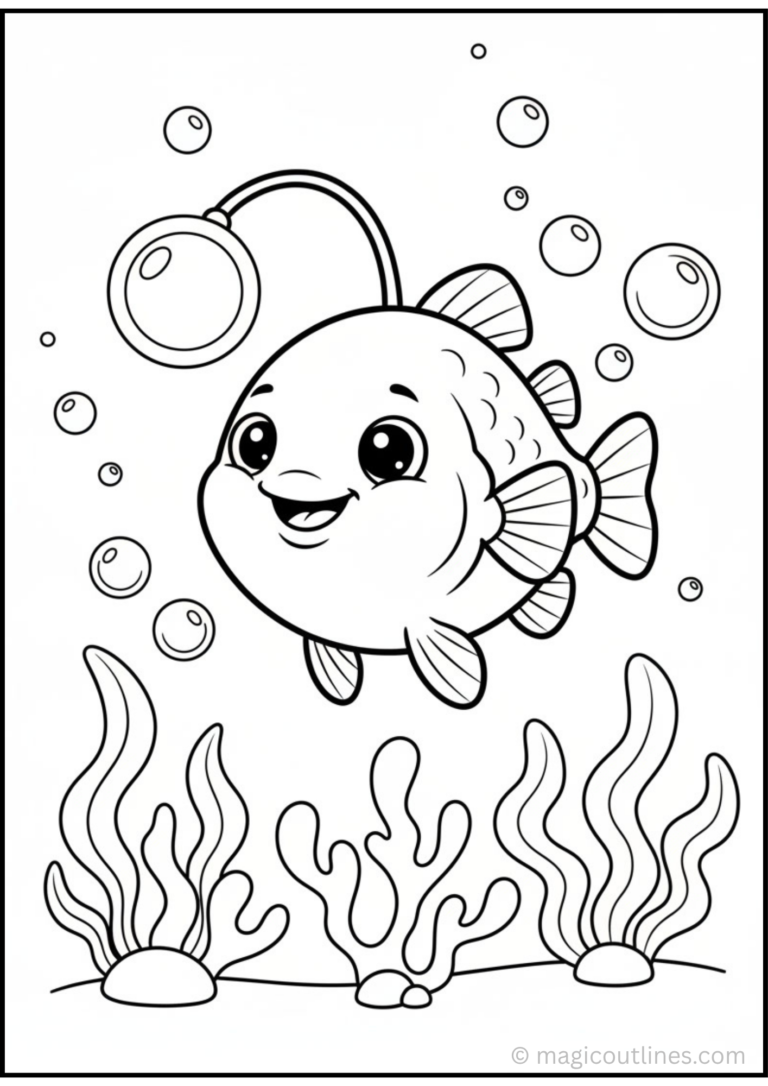 Anglerfish Coloring Page with glowing lure, sea plants, and bubbles for kids