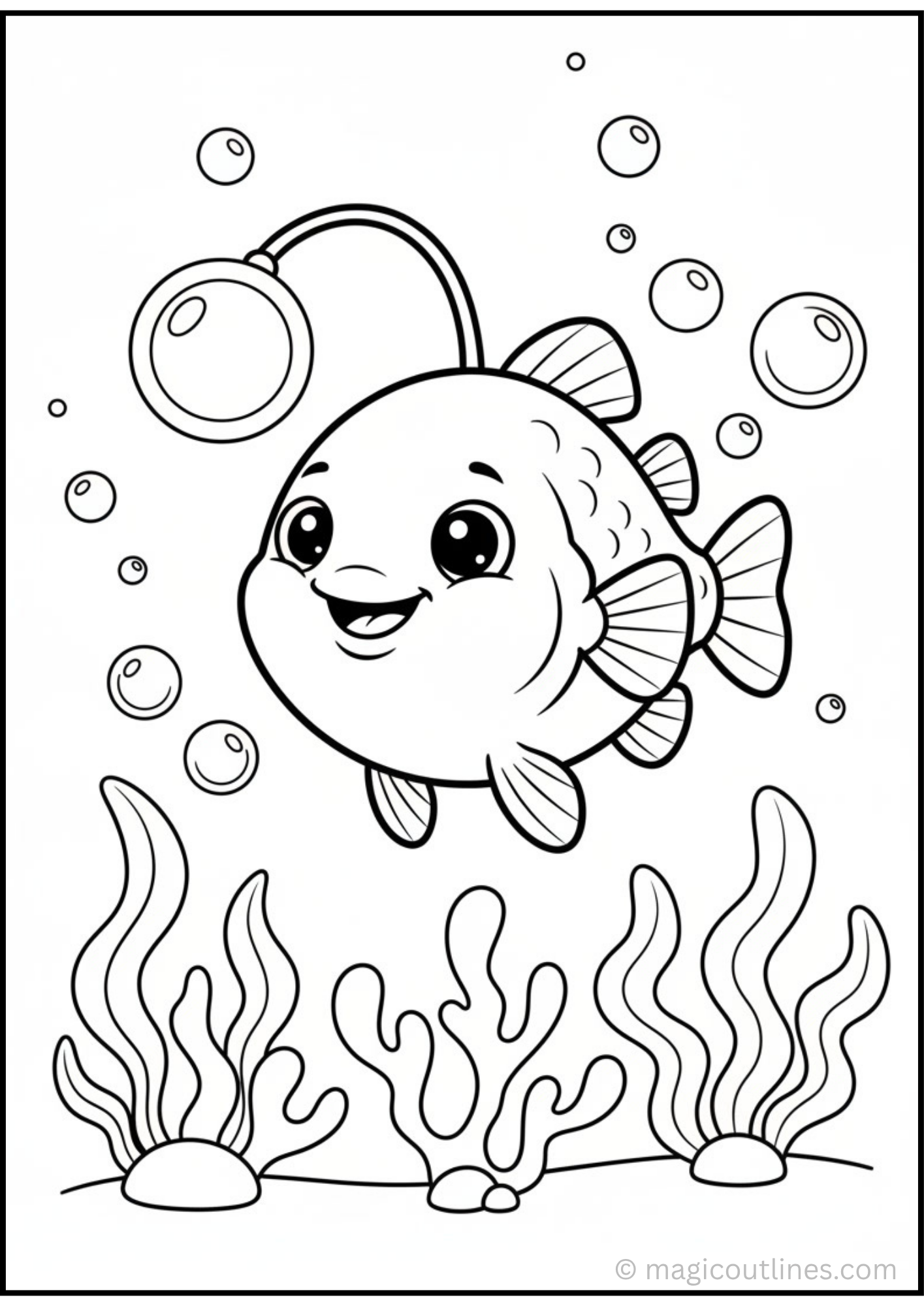 Anglerfish Coloring Page with glowing lure, sea plants, and bubbles for kids