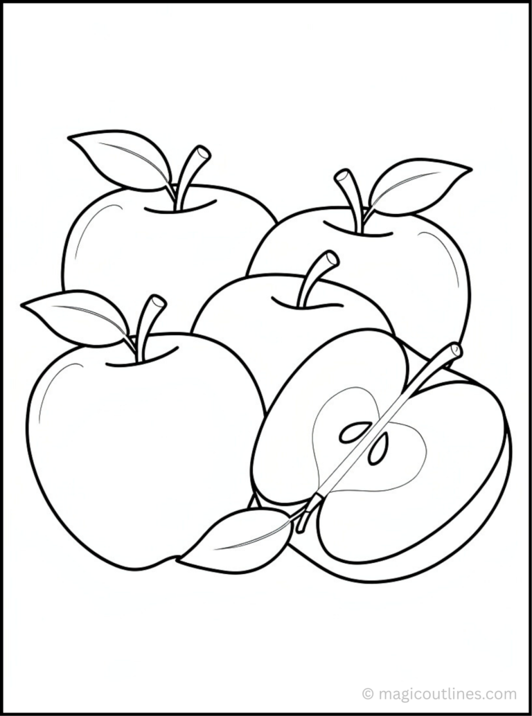 Cute apple coloring page printable for kids with bold outlines and a smiling apple.