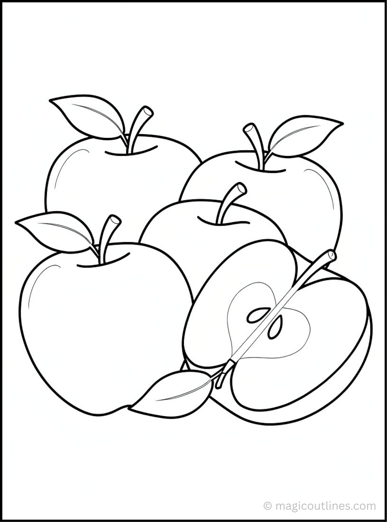 Cute apple coloring page printable for kids with bold outlines and a smiling apple.