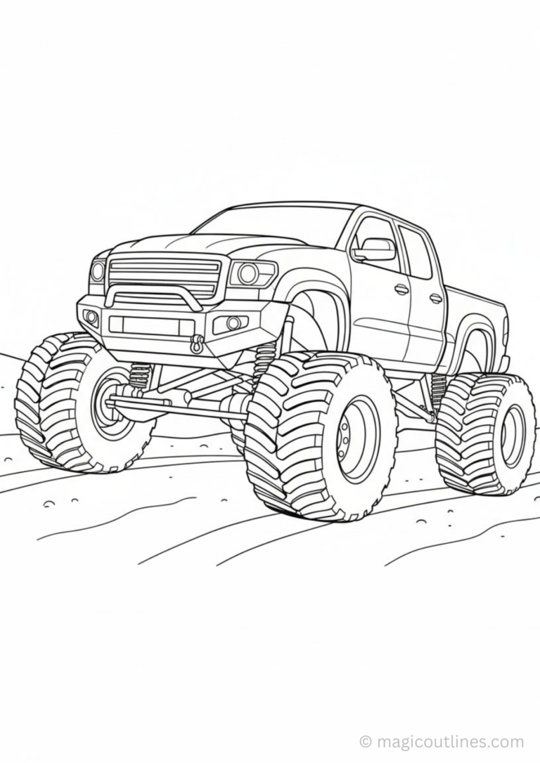 Big wheel monster truck with giant tires driving off-road, printable coloring page for kids