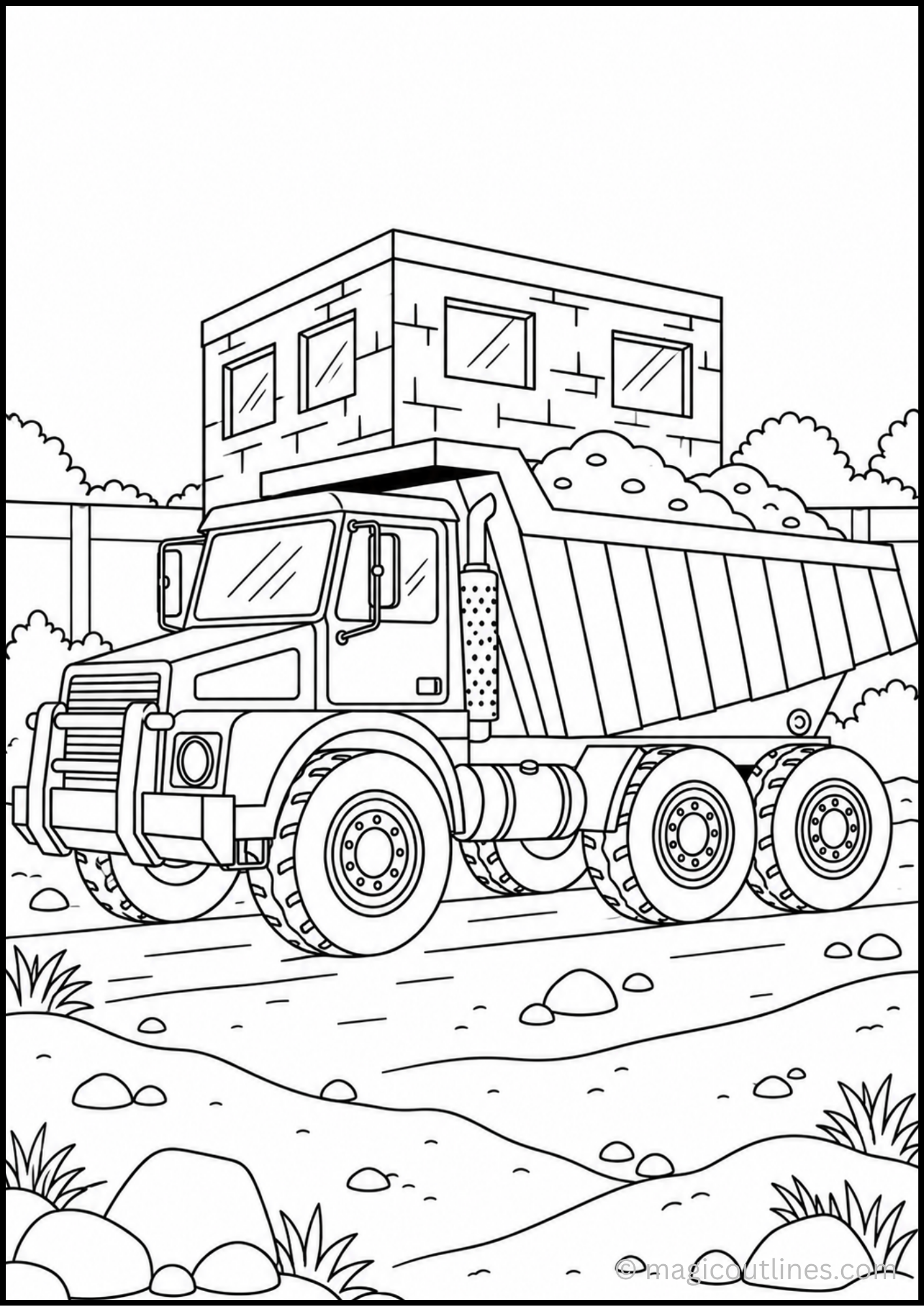 Building material truck coloring page carrying construction supplies with a large cargo bed for kids to color
