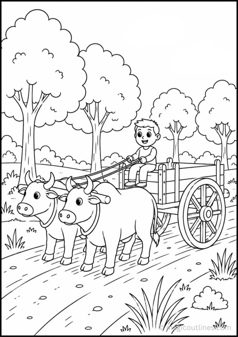 Traditional Indian bullock cart with two oxen in a countryside coloring page for kids