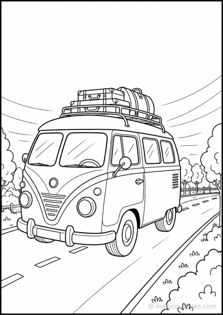 Camper van coloring page free printable PDF for kids