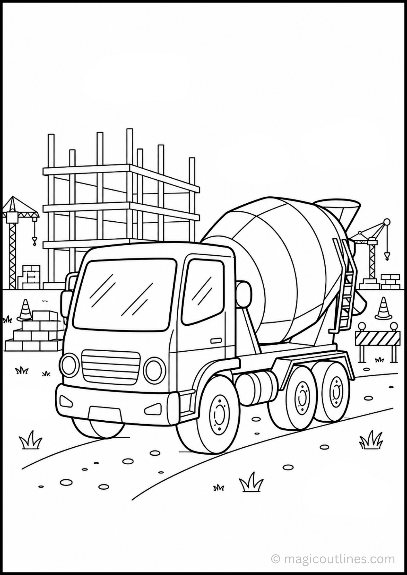 Cement Mixer Truck Coloring Page showing a large concrete mixer truck at a construction site with cranes, unfinished buildings, safety cones, barriers, and construction materials.