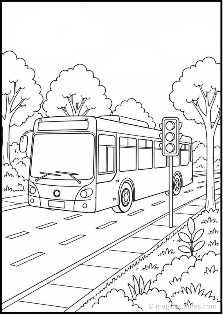 City Bus Coloring Page showing a city bus on a road with a traffic light, sidewalk, trees, and greenery.