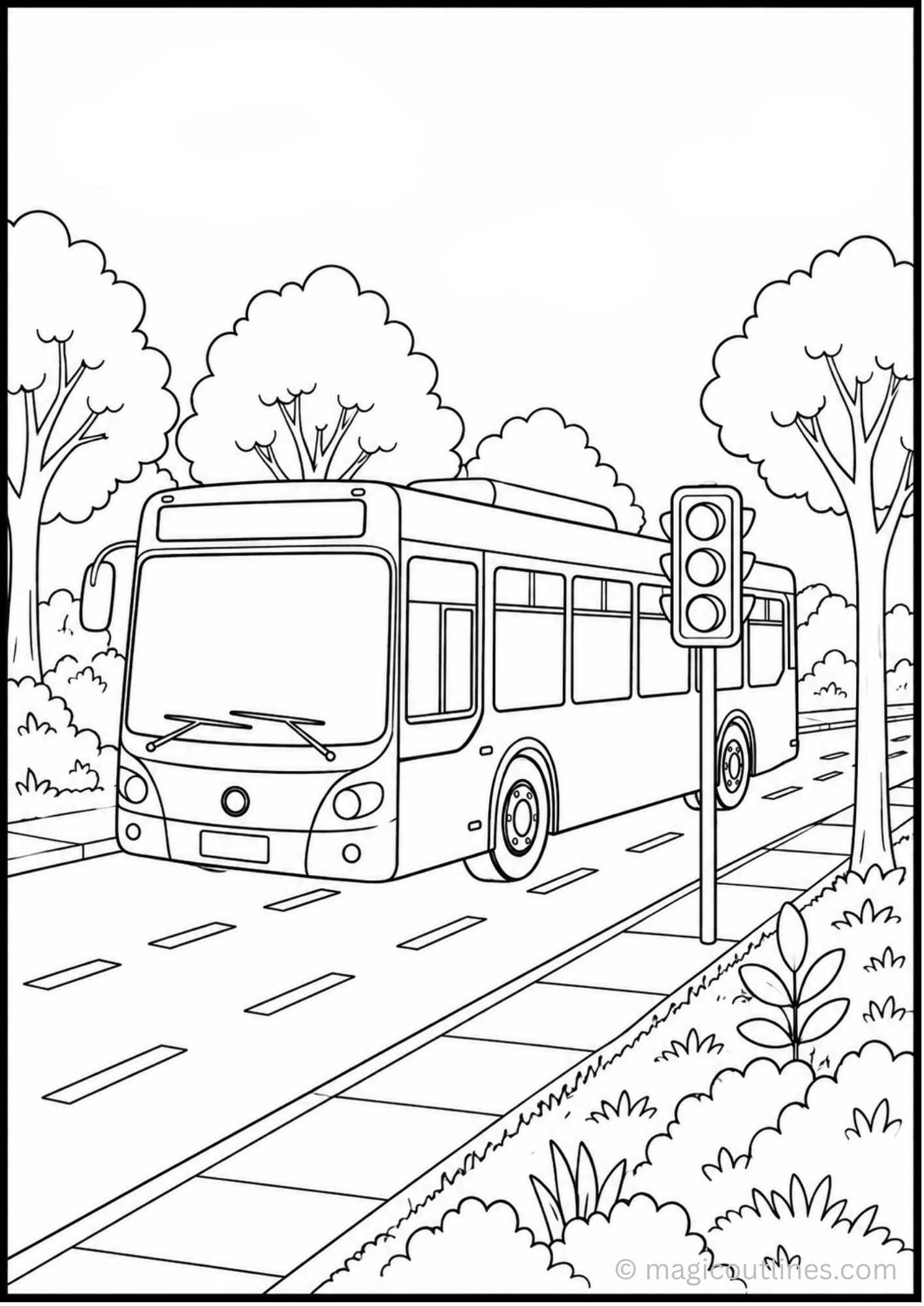 City Bus Coloring Page showing a city bus on a road with a traffic light, sidewalk, trees, and greenery.