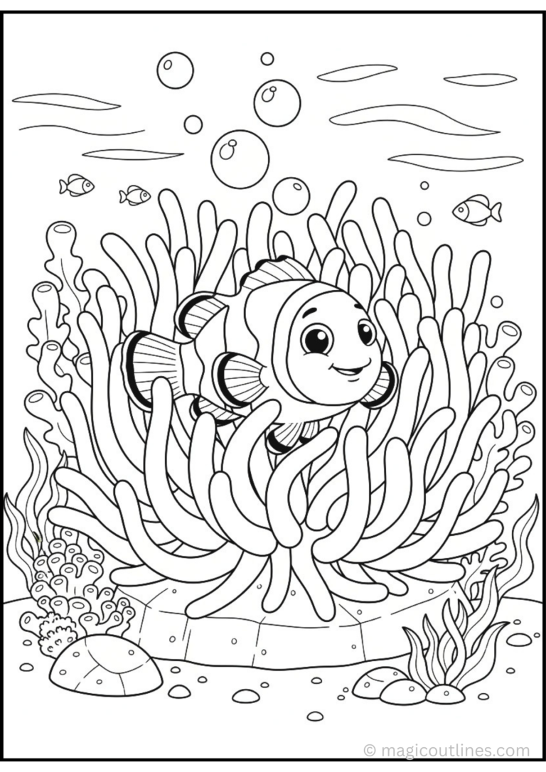 Clownfish Coloring Page free printable PDF featuring a smiling clownfish swimming through a sea anemone with coral, bubbles, and an underwater ocean scene for kids.