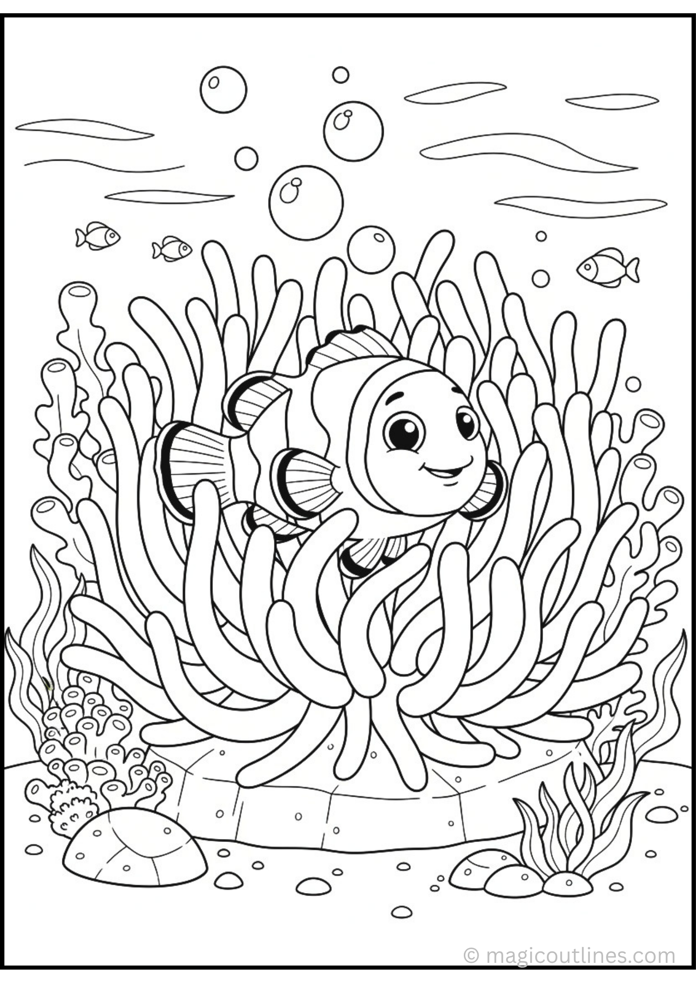 Clownfish Coloring Page free printable PDF featuring a smiling clownfish swimming through a sea anemone with coral, bubbles, and an underwater ocean scene for kids.