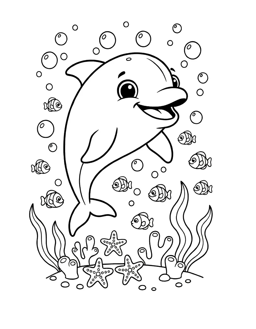 smiling dolphin coloring page printable underwater ocean scene for kids