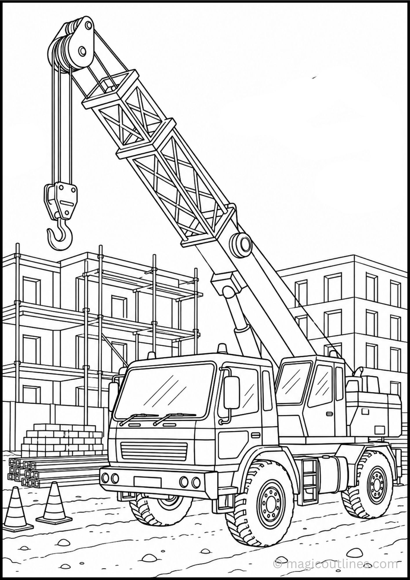 Construction crane truck coloring page with a long boom, hook, tires, construction site, scaffolding, bricks, and traffic cones