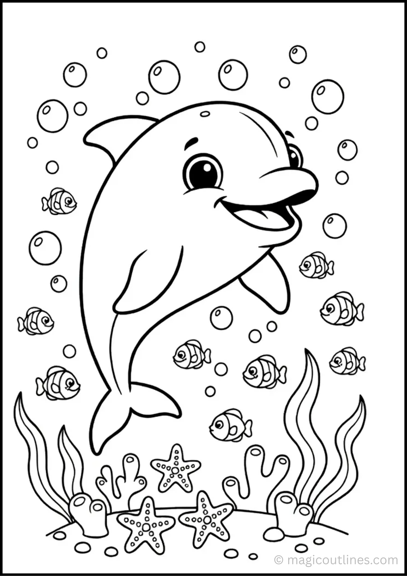 Cute Dolphin Coloring Page with tropical fish, sea plants, bubbles and starfish