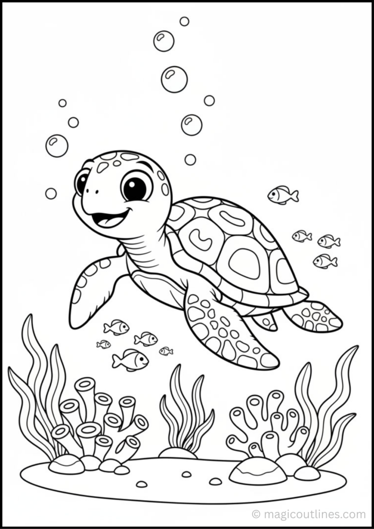 Free printable Cute Sea Turtle Swimming Coloring Page featuring a happy sea turtle exploring the ocean.