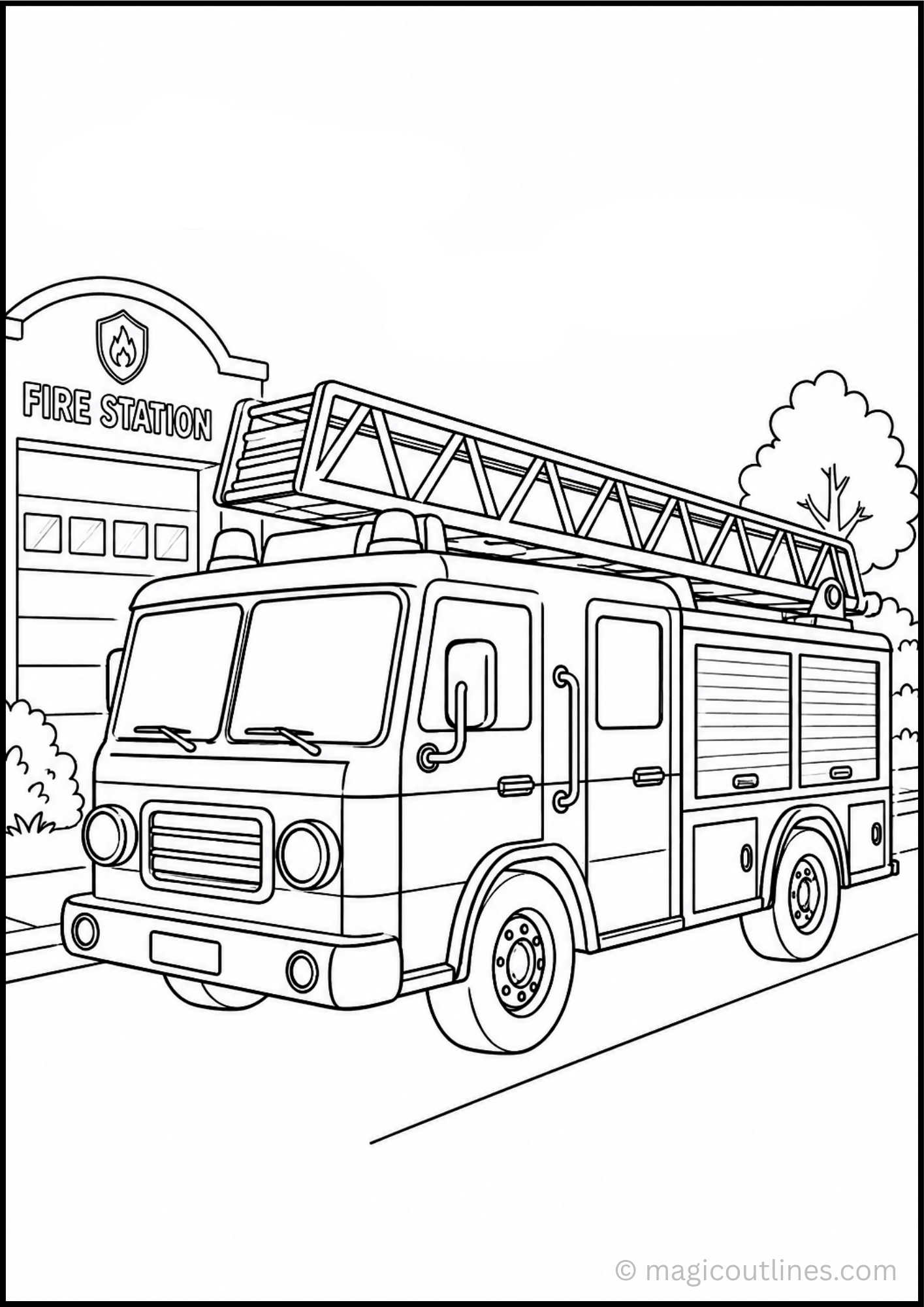 Fire Fighting Truck Coloring Page with ladder, hose, emergency lights, wheels, and firefighting equipment