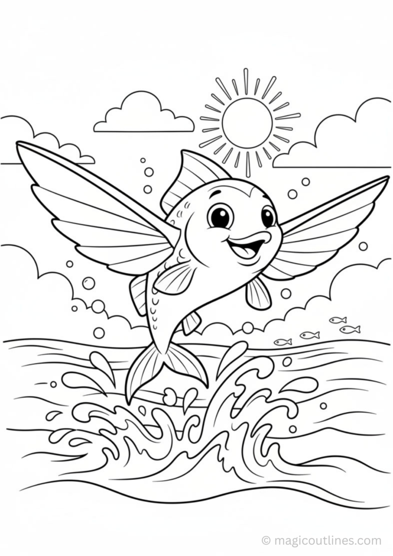 flying fish jumping coloring page printable ocean waves marine life scene for kids