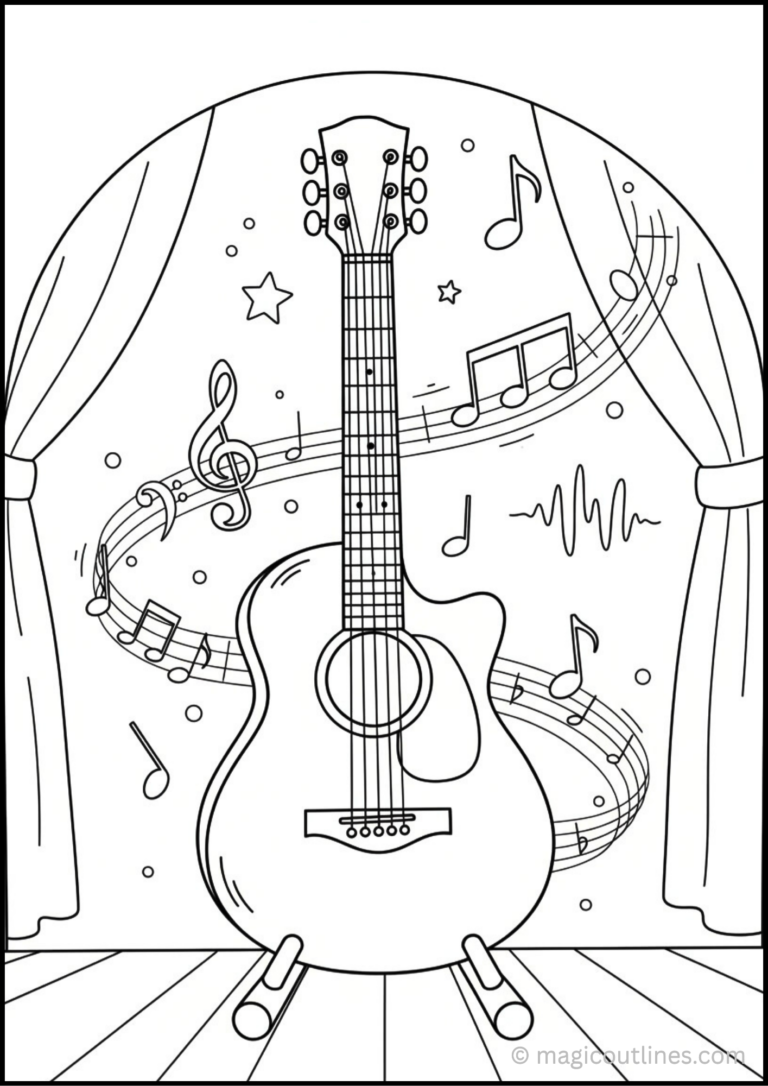 Guitar surrounded by musical notes on a stage with curtains coloring page
