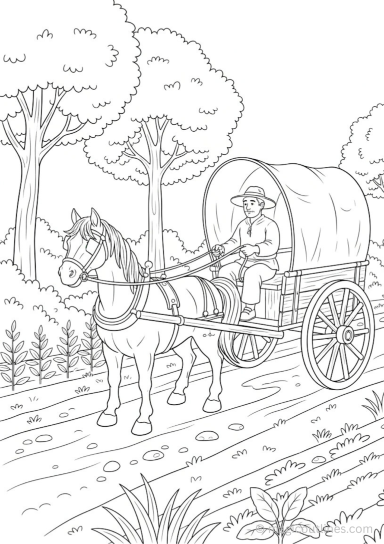 horse cart coloring page village transport for kids