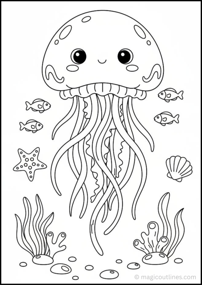 Jellyfish Coloring Page with coral, sea plants, and bubbles for kids
