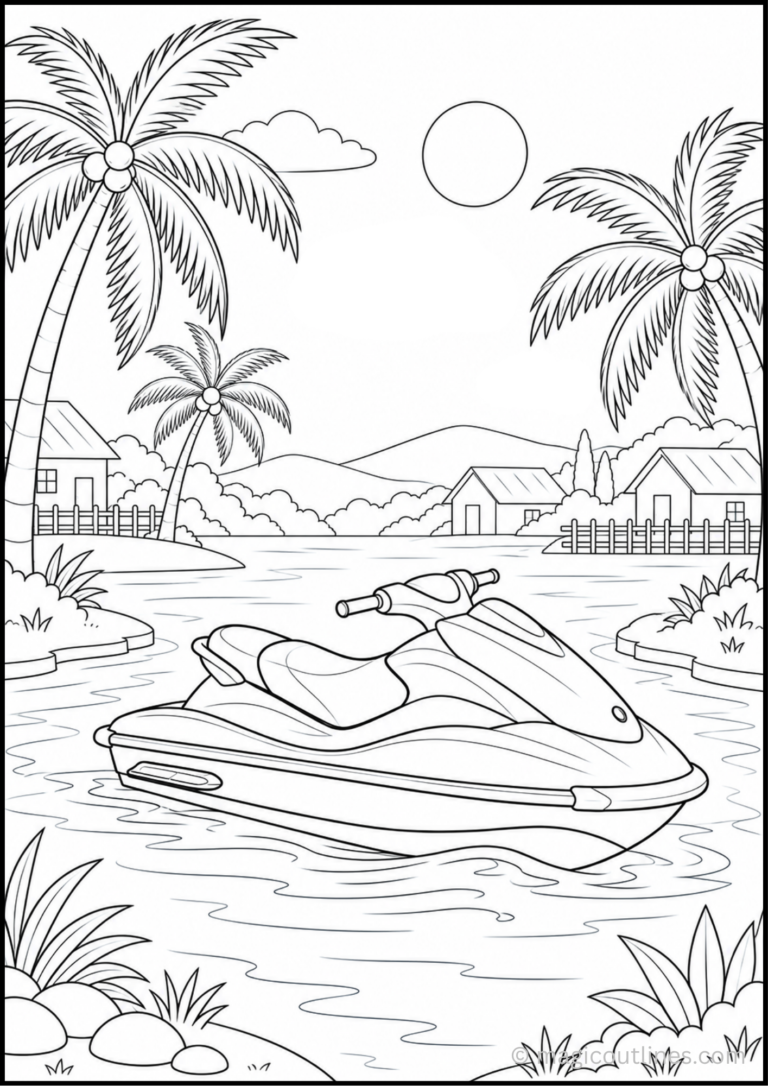 Jet ski coloring page featuring a fun personal watercraft riding across the water with waves and a sunny outdoor scene