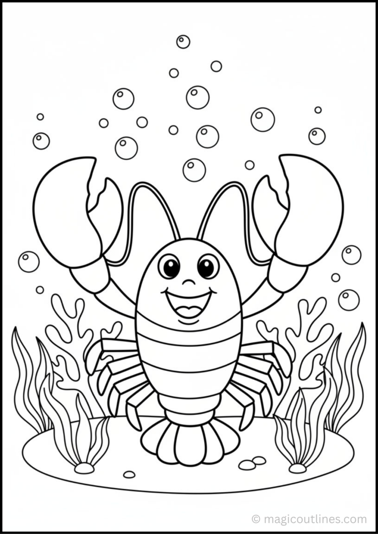 Lobster Coloring Page with underwater sea plants and bubbles for kids