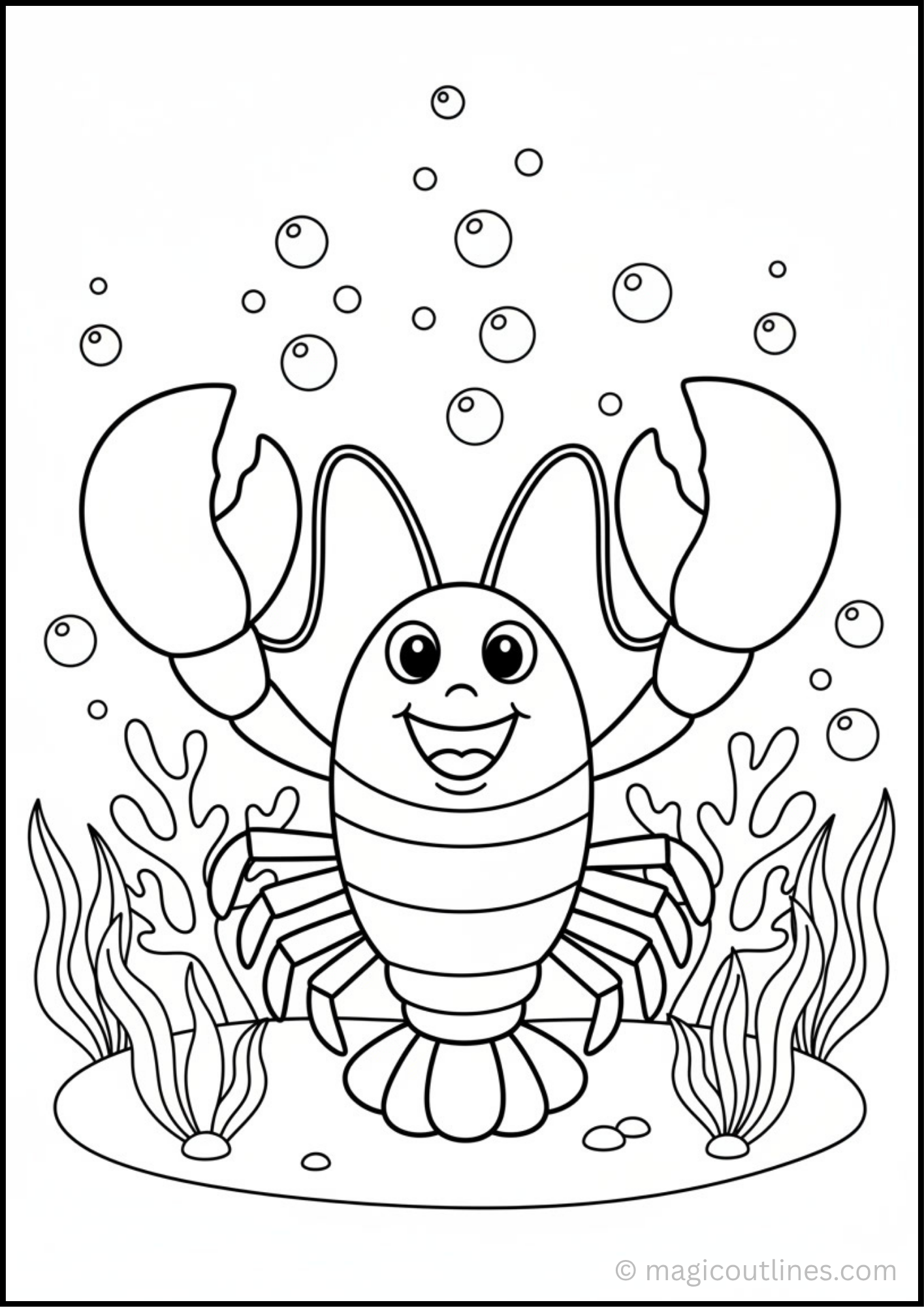 Lobster Coloring Page with underwater sea plants and bubbles for kids
