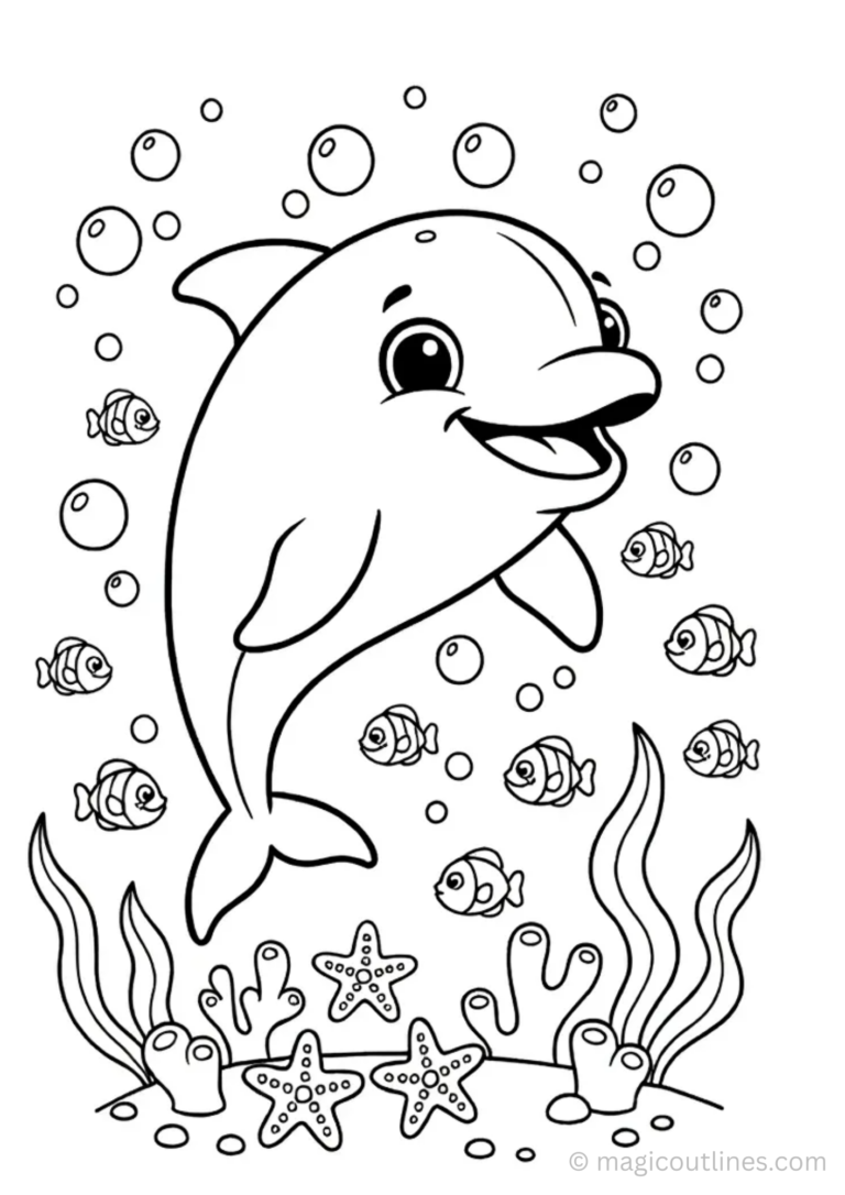smiling dolphin coloring page printable underwater ocean scene for kids