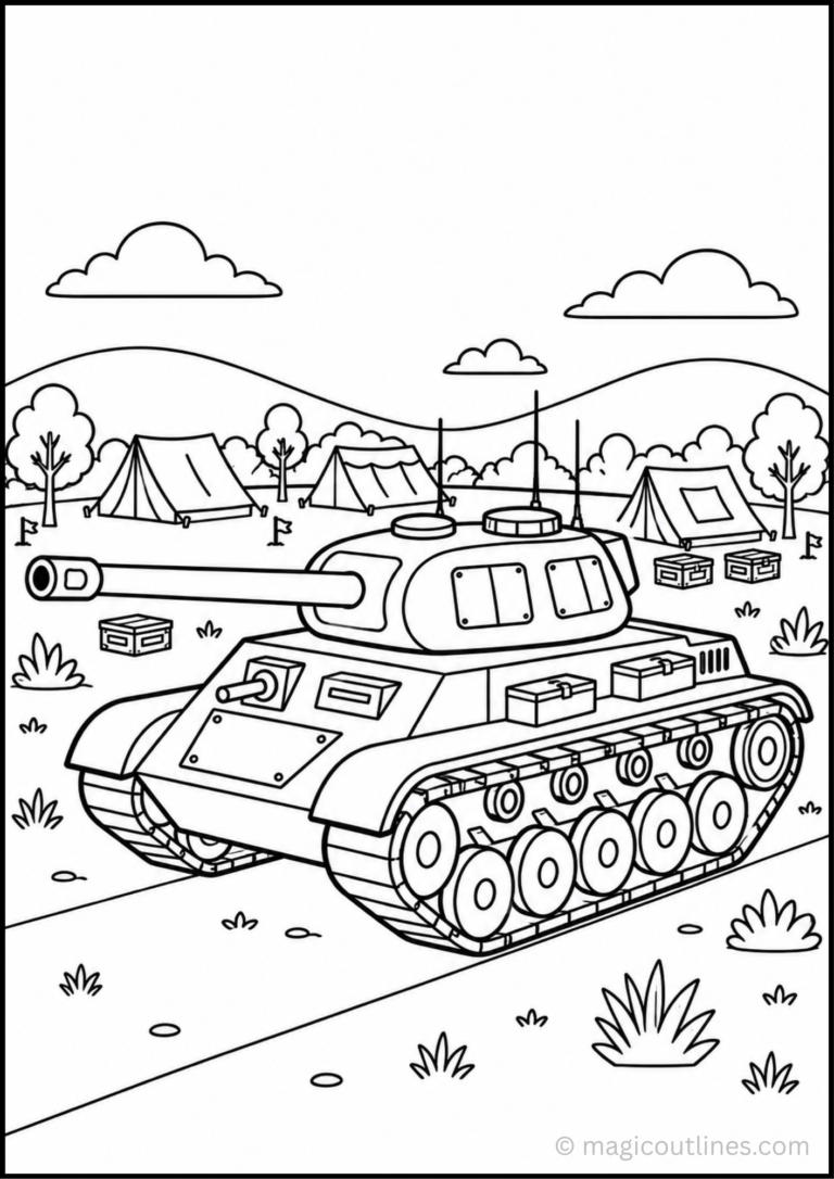 Military tank coloring page with outdoor camp and hills for kids