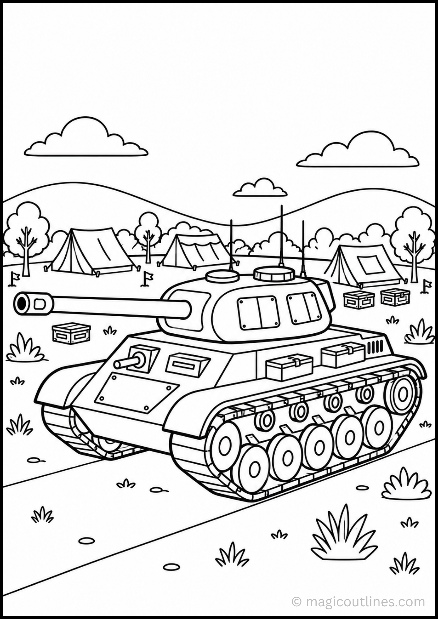 Military tank coloring page with outdoor camp and hills for kids
