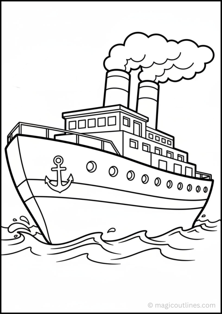 Ocean ship coloring page featuring a large ship sailing across the sea with waves and a simple nautical scene
