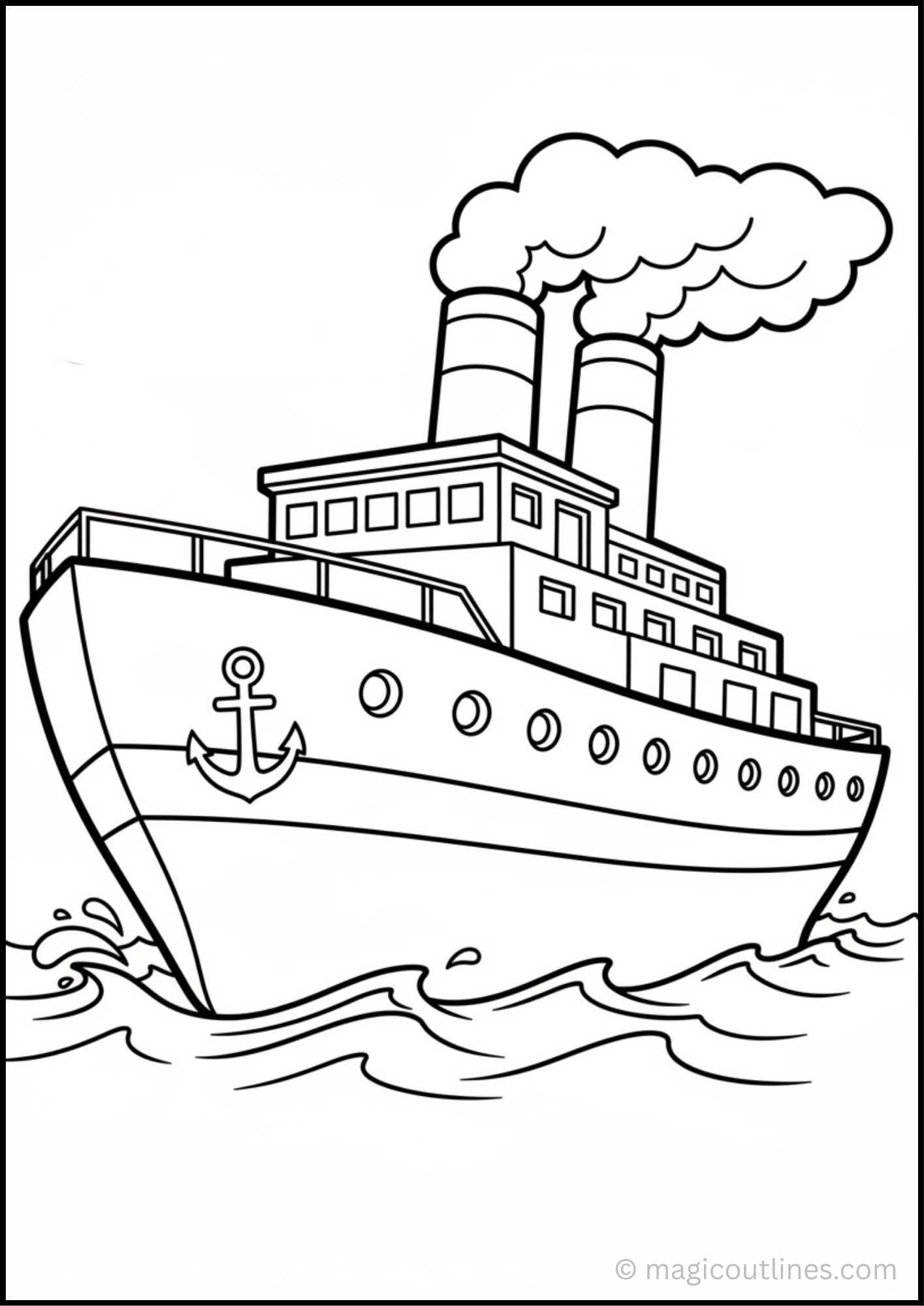Ocean ship coloring page featuring a large ship sailing across the sea with waves and a simple nautical scene