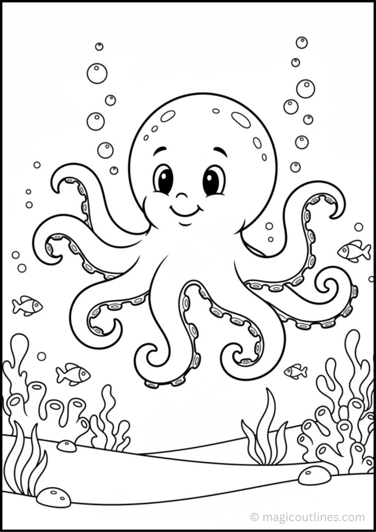 Octopus Coloring Page with fish, coral, bubbles, and sea plants for kids