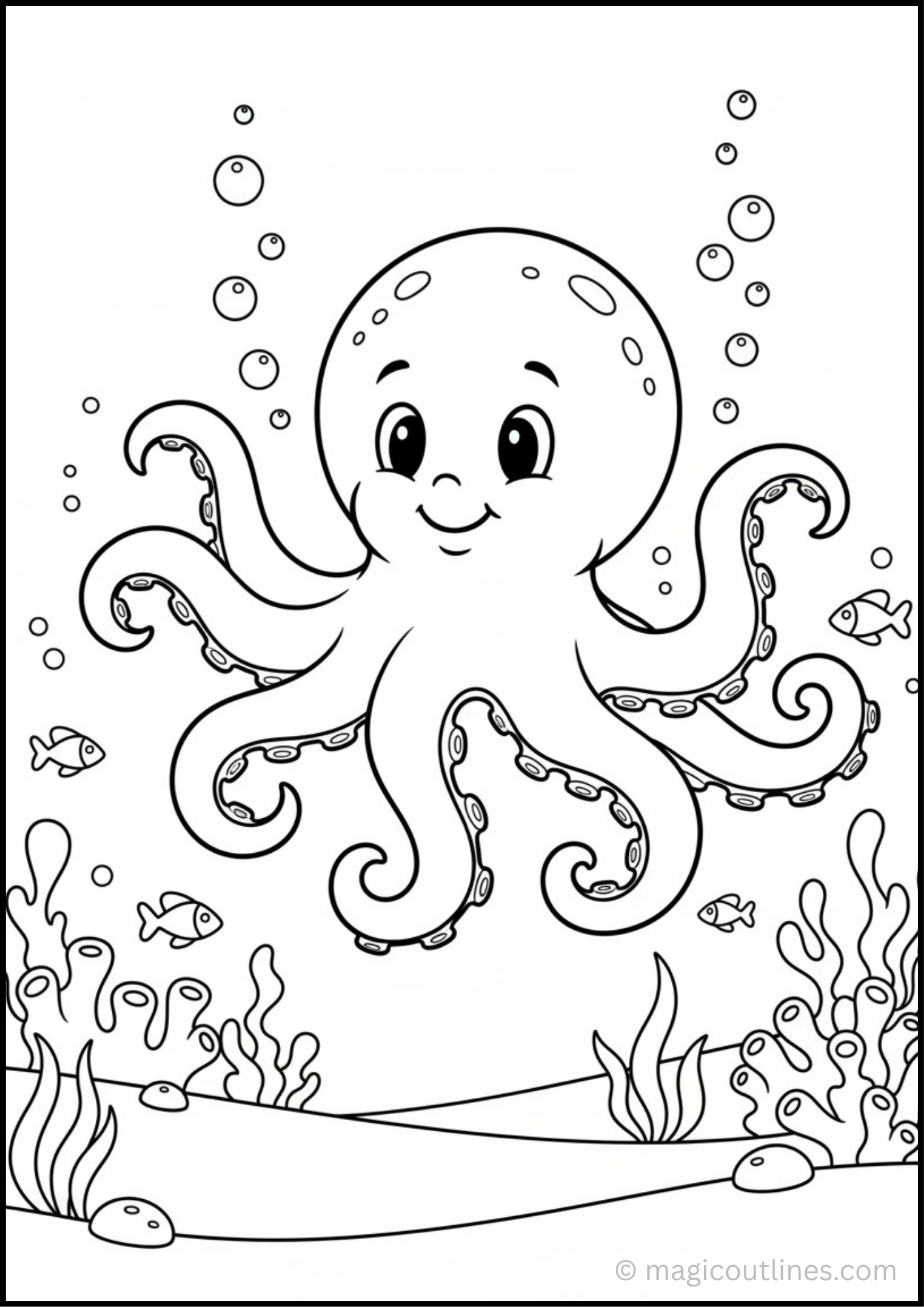 Octopus Coloring Page with fish, coral, bubbles, and sea plants for kids