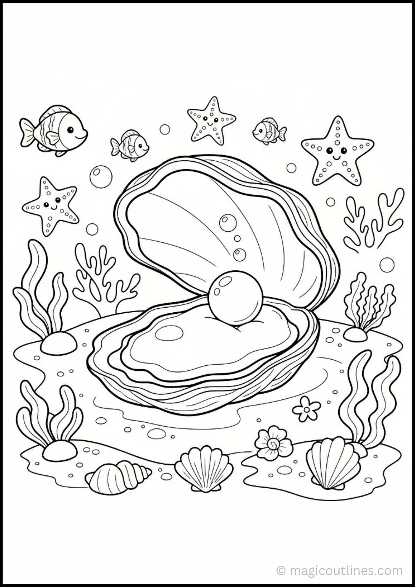 Pearl Inside an Oyster Coloring Page with fish, starfish, seashells, and underwater plants for kids