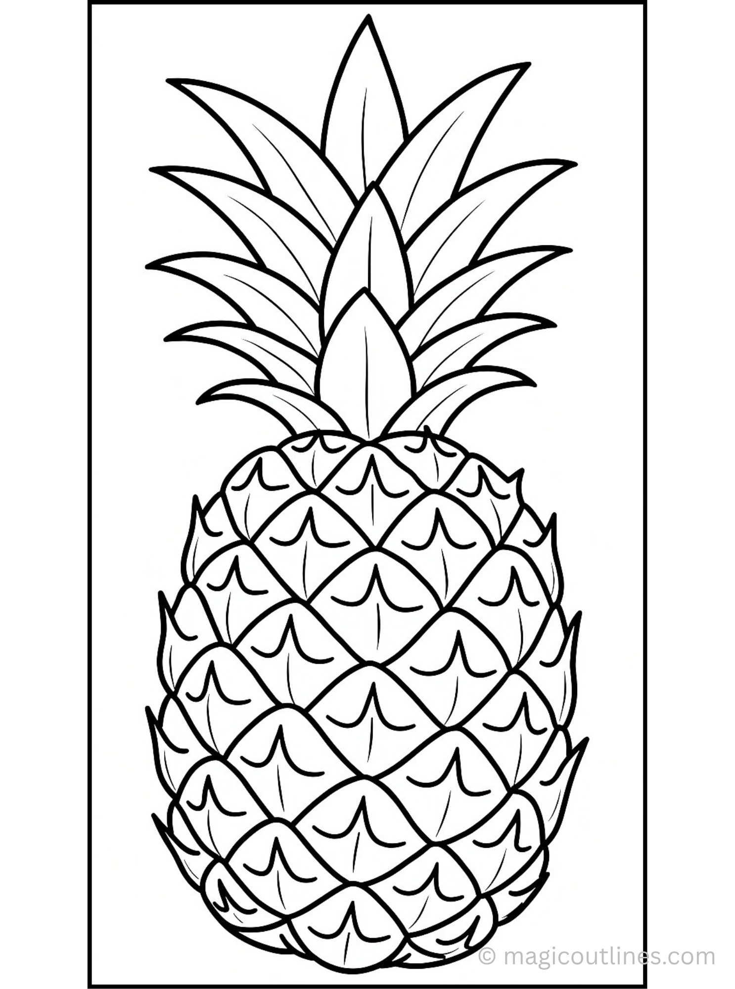 Simple pineapple coloring page with bold outlines and tropical leaves, printable black and white PDF for kids.
