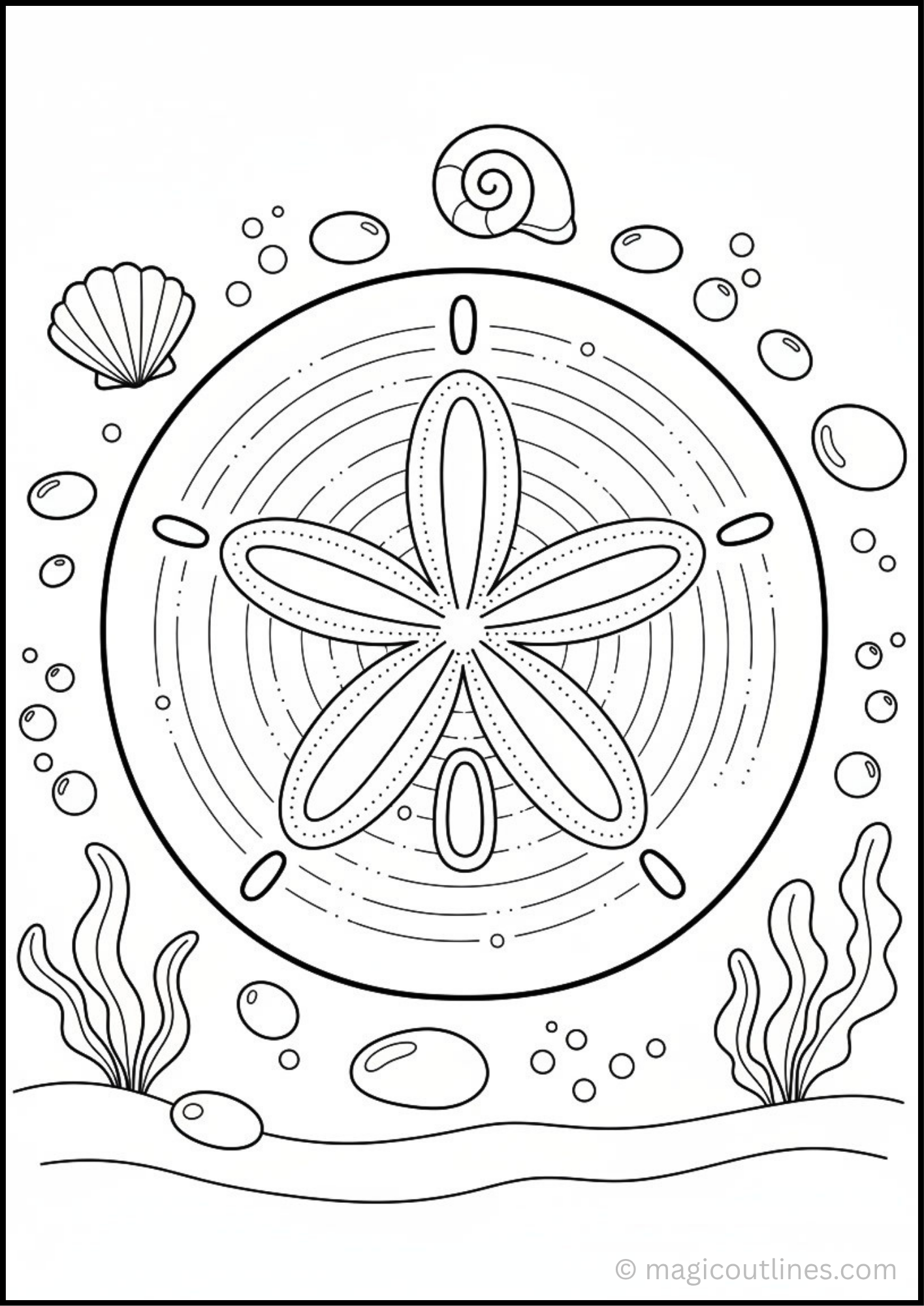 Sand Dollar Coloring Page free printable PDF with underwater sea plants, shells, bubbles, and pebbles.