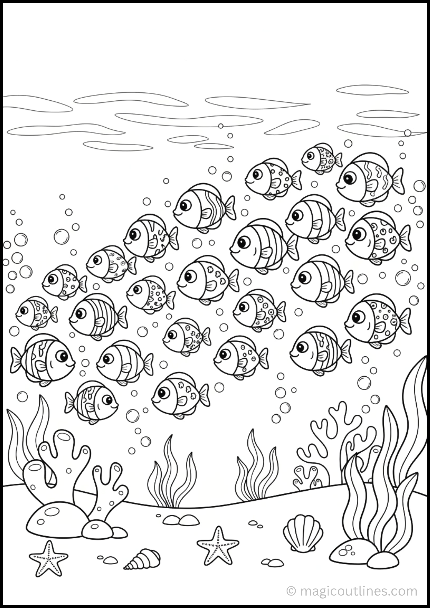 School of Fish Coloring Page free printable PDF featuring tropical fish swimming in an underwater coral reef.