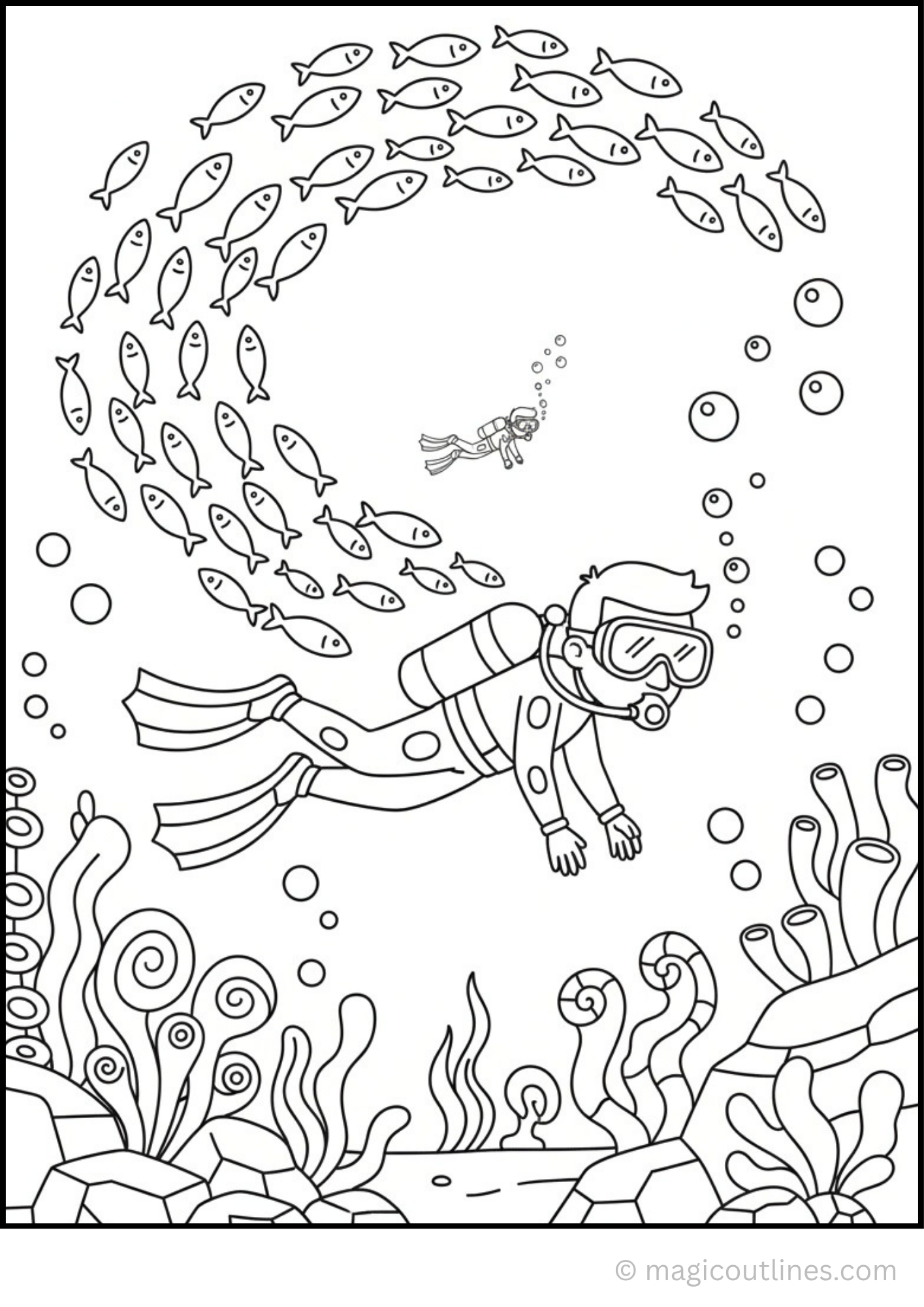 Scuba Diver Coloring Page free printable PDF featuring a diver exploring underwater with tropical fish, coral reefs, sea plants, bubbles, and ocean animals.