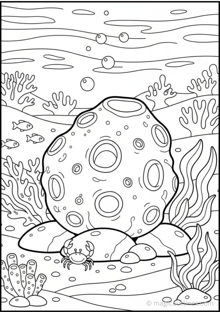 Sea Sponge Coloring Page free printable PDF featuring an underwater sea sponge with coral, shells, bubbles, and sea plants.