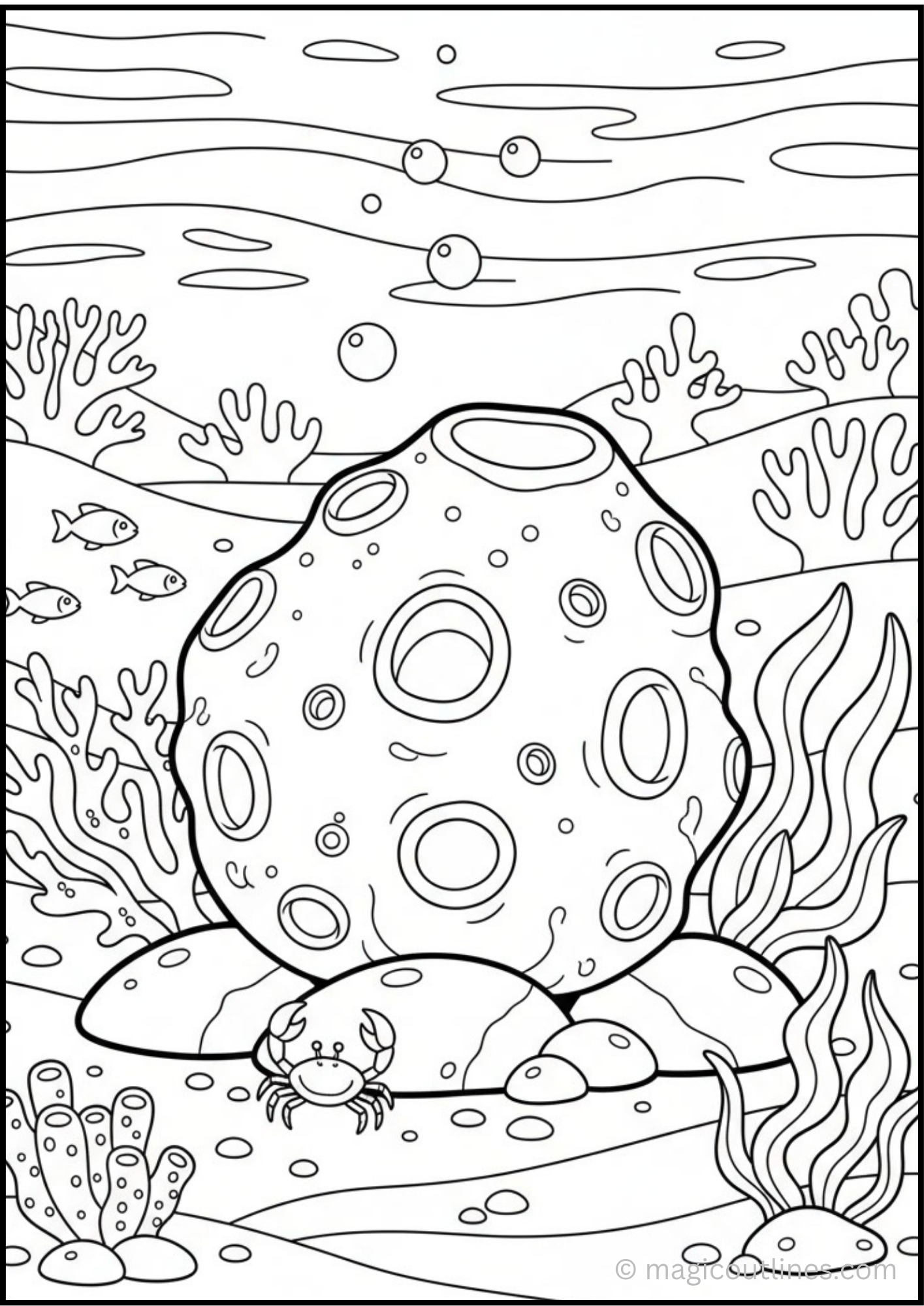 Sea Sponge Coloring Page free printable PDF featuring an underwater sea sponge with coral, shells, bubbles, and sea plants.