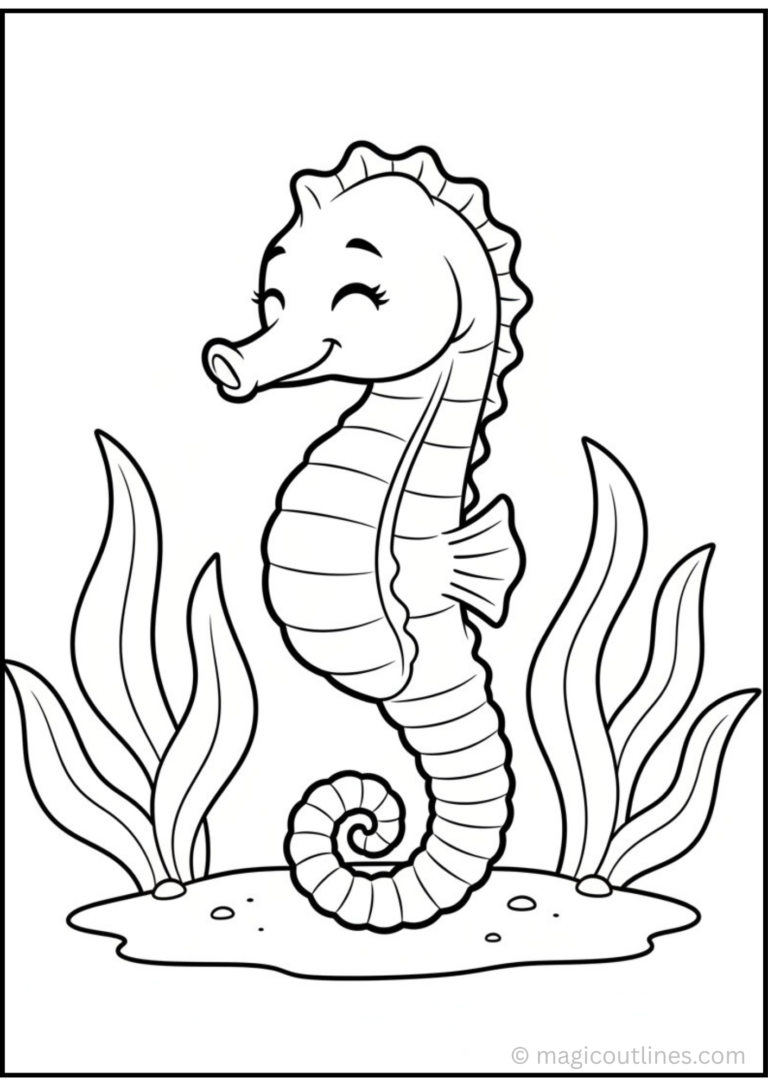 Seahorse Coloring Page with underwater sea plants for kids