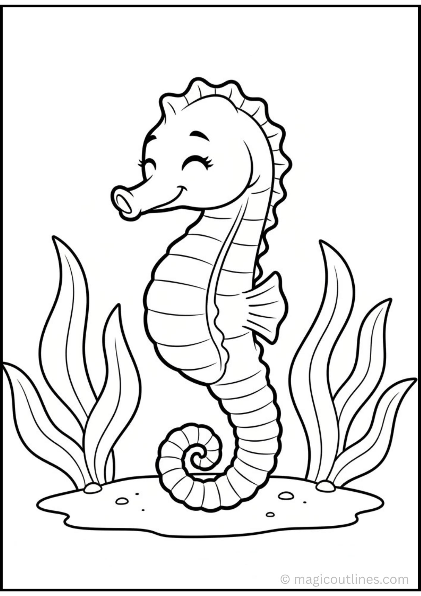 Seahorse Coloring Page with underwater sea plants for kids