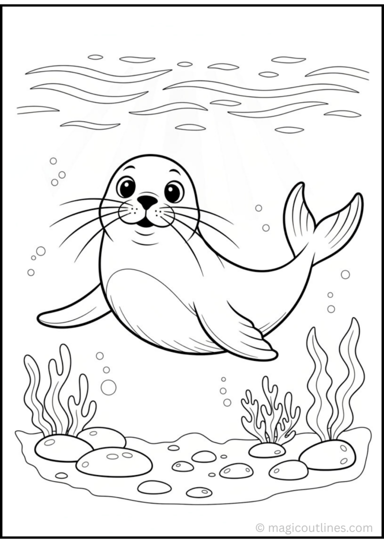 Seal Coloring Page with underwater sea plants, bubbles, and rocks for kids