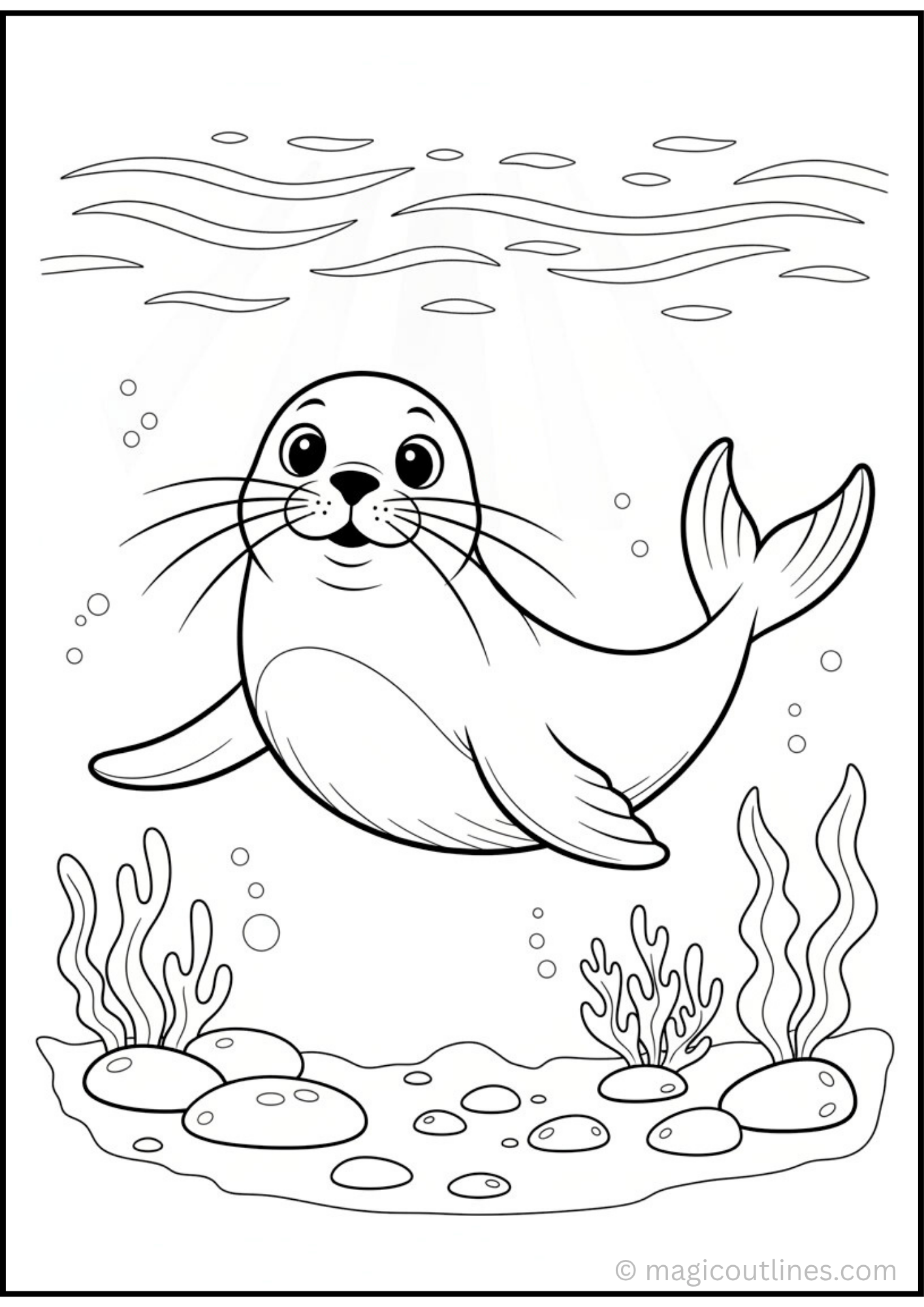 Seal Coloring Page with underwater sea plants, bubbles, and rocks for kids