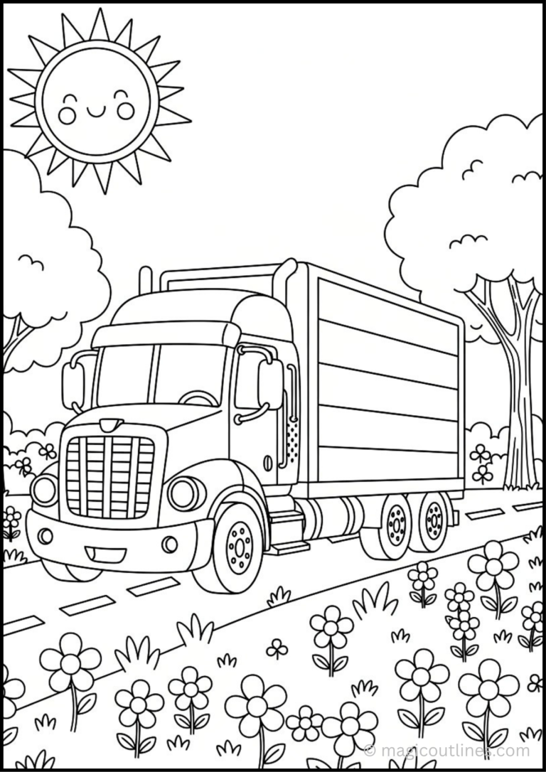 Semi truck coloring page free printable PDF for kids