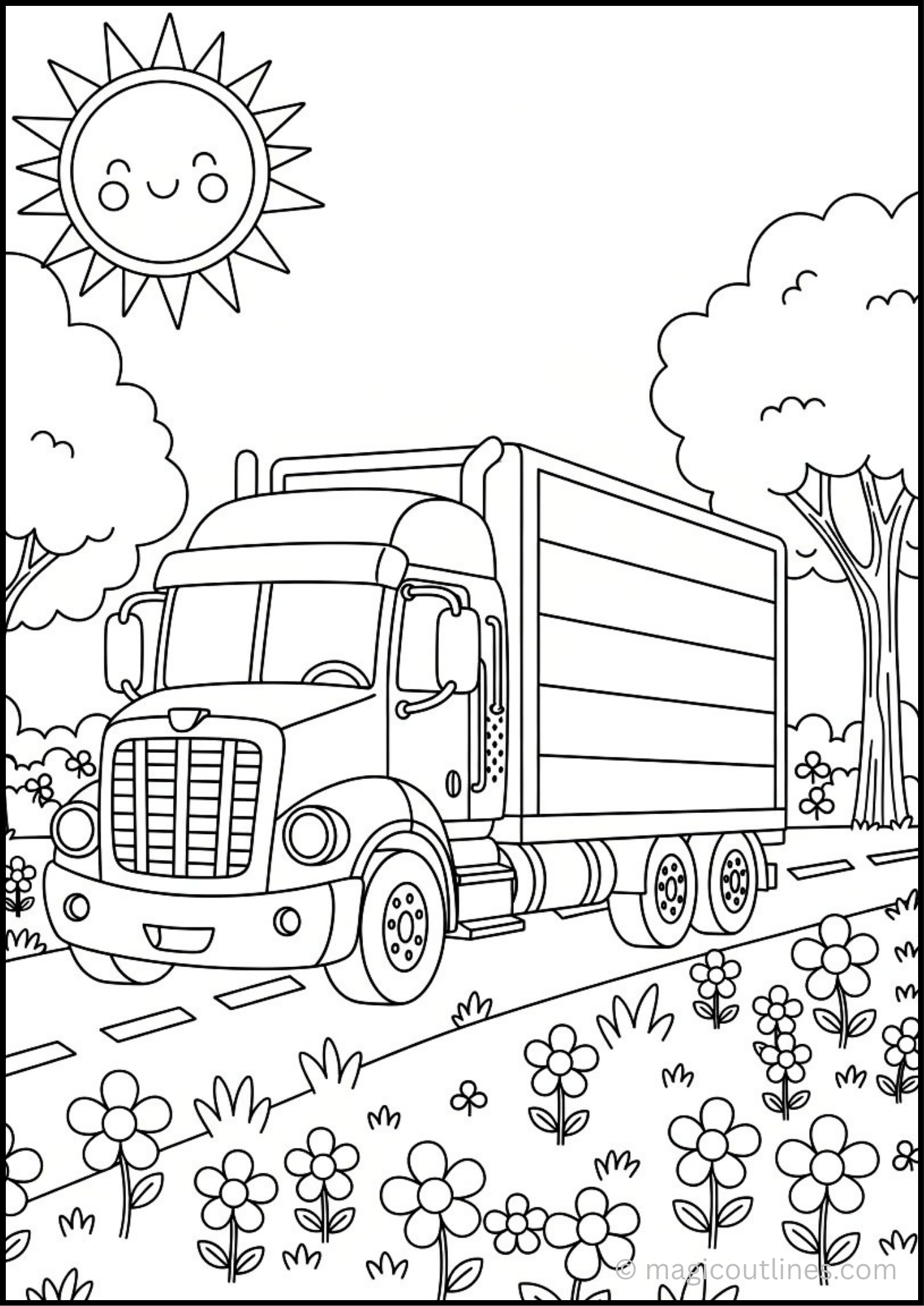 Semi truck coloring page free printable PDF for kids