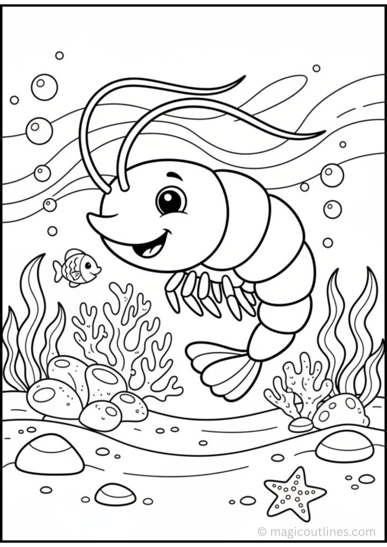 Cute Shrimp Coloring Page featuring a smiling shrimp swimming underwater with coral, sea plants, bubbles, fish, rocks, and a starfish.