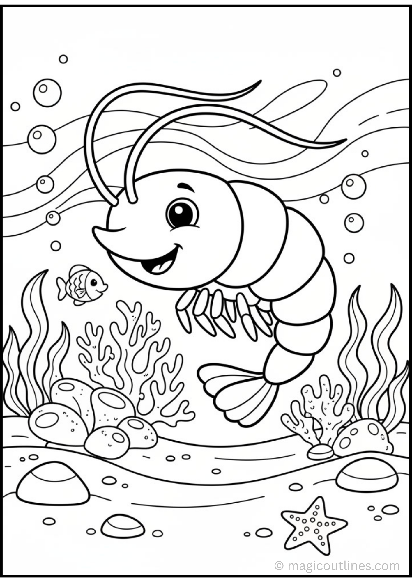 Cute Shrimp Coloring Page featuring a smiling shrimp swimming underwater with coral, sea plants, bubbles, fish, rocks, and a starfish.